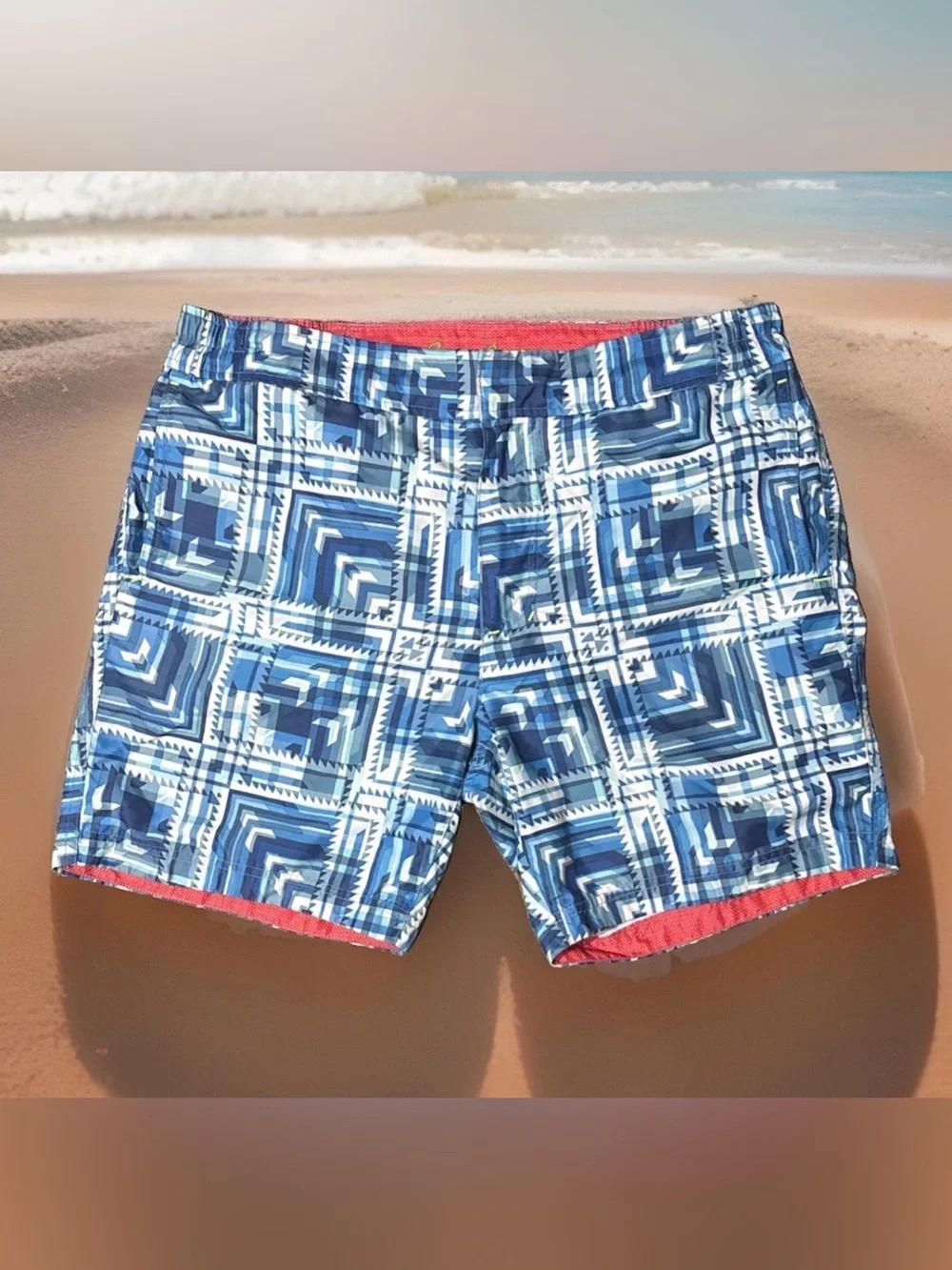 Robert Graham Mens Blue Swim Trunks Board Shorts Geometric Pinup Lining Sz 34
